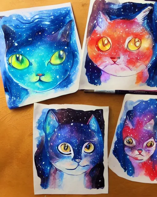 Image similar to cute galactic space cats, painted in water colors