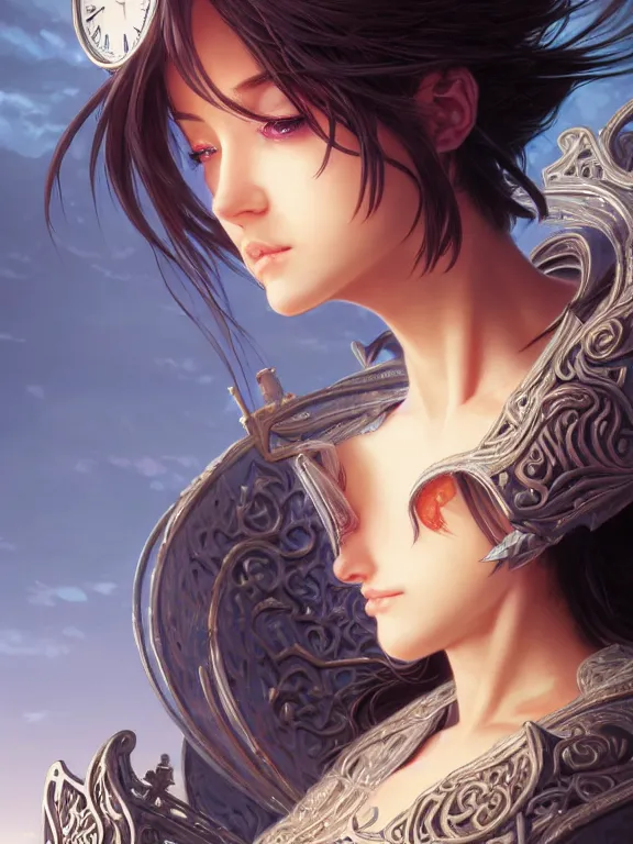 Image similar to close up picture of a female warden of time, bored, coveted, beautiful and aesthetic, intricate, unreal engine, messy hair, highly detailed, detailed face, smooth, sharp focus, chiaroscuro, manga illustration, artgerm, greg rutkowski, ilya kuvshinov, rossdraws, alphonse mucha, young adult light novel cover art