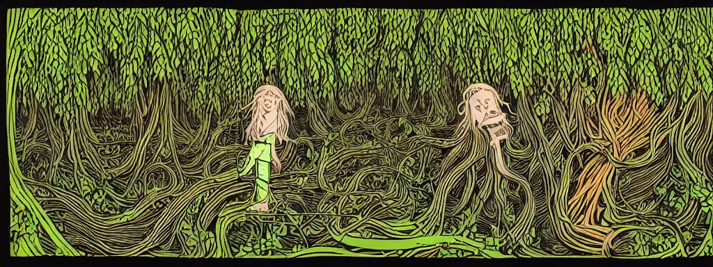 Image similar to a grunge technogaianist long-haired blonde digital musician playing modular synthesizer in the forest, technology and nature swirling in harmony, plugging vines into the synthesizer, trees swaying to the beat, postmodern surrealist concert poster, grainy poster art, hand drawn matte painting by Tara McPherson and Gary Houston, smooth, sharp focus, extremely detailed, 35mm.