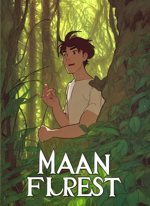 Image similar to book cover design, man in a forest, natural lighting, path traced, highly detailed, high quality, cartoon, digital painting, by don bluth and ross tran and studio ghibli and alphonse mucha