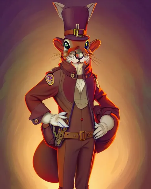 Image similar to don bluth, loish, artgerm, joshua middleton, steampunk, clockpunk anthropomorphic squirrel, full policeman outfit, smiling, symmetrical eyes symmetrical face, colorful animation forest background