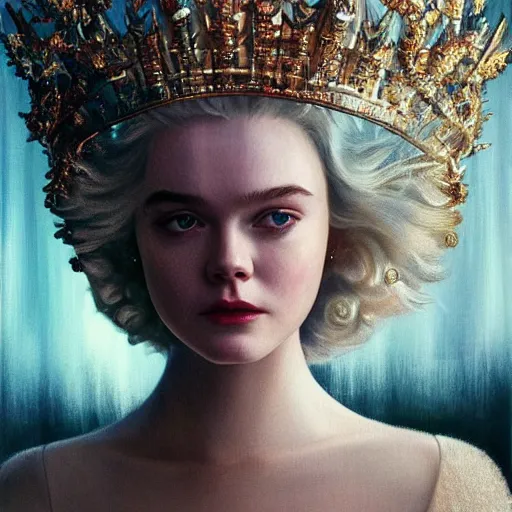 Image similar to Elle Fanning wearing a crown in the style of Paola Vetri, head and shoulders portrait, stormy weather, extremely detailed masterpiece, oil on canvas, low-key neon lighting, artstation, Blade Runner 2049, Roger Deakin’s cinematography, by J. C. Leyendecker and Peter Paul Rubens and Edward Hopper and Michael Sowa,