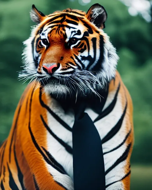 Image similar to high quality presentation photo of a tiger dressed in a dark suit and tie, photography 4k, f1.8 anamorphic, bokeh, 4k, 85mm lens