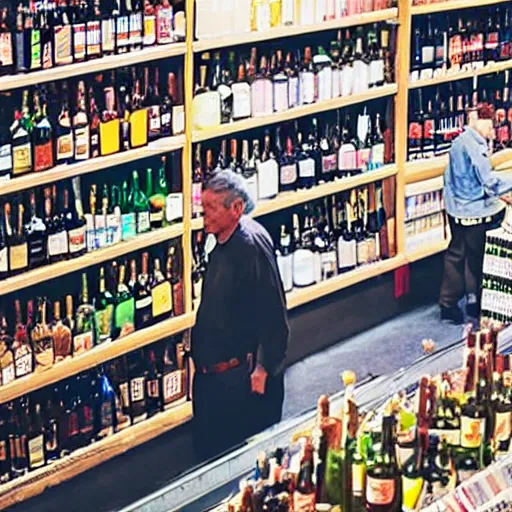 Image similar to old man walking in liquor store, security camera footage, cctv, high angle view,