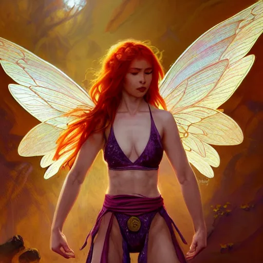 Prompt: beautiful natural fairy small winged redhead martial artist karate fey muscular body shortsword phrygian, vivid colors, intricate, elegant, highly detailed, digital painting, artstation, concept art, smooth, sharp focus, illustration, art by artgerm and greg rutkowski and alphonse mucha and loish and wlop