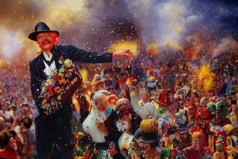 Image similar to portrait of rip taylor throwing confetti during a mexican funeral parade, an oil painting by ross tran and thomas kincade