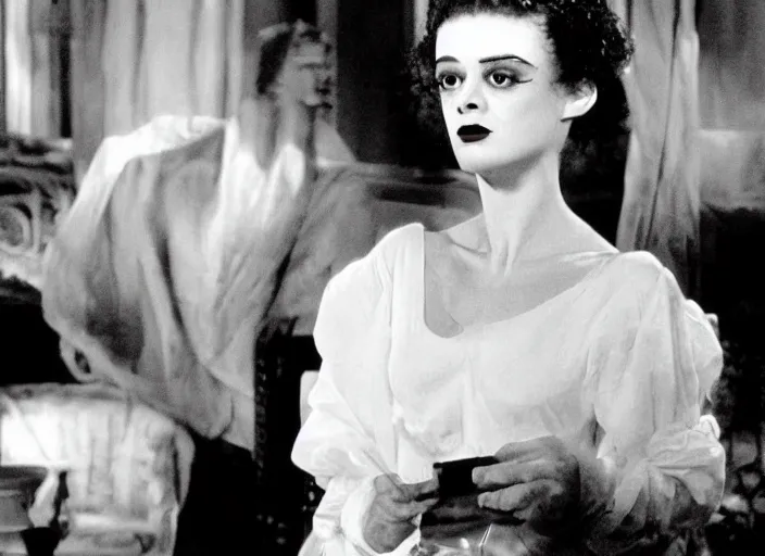 Prompt: bride of frankenstein ( 1 9 3 5 ) as a teen, still from john hughes movie sixteen candles