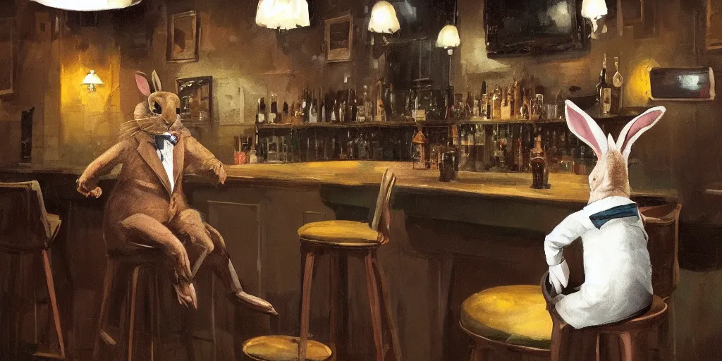 Image similar to a biped rabbit wearing a tie sits on a barstool at the bar of a 4 0 s jazz club, warm color palette, night time, dramatic lighting, noir film, character sheet, fine details, high contrast, blacksad, kim jung gi, greg rutkowski, trending on artstation, 8 k, front view, back view, ultra wide angle