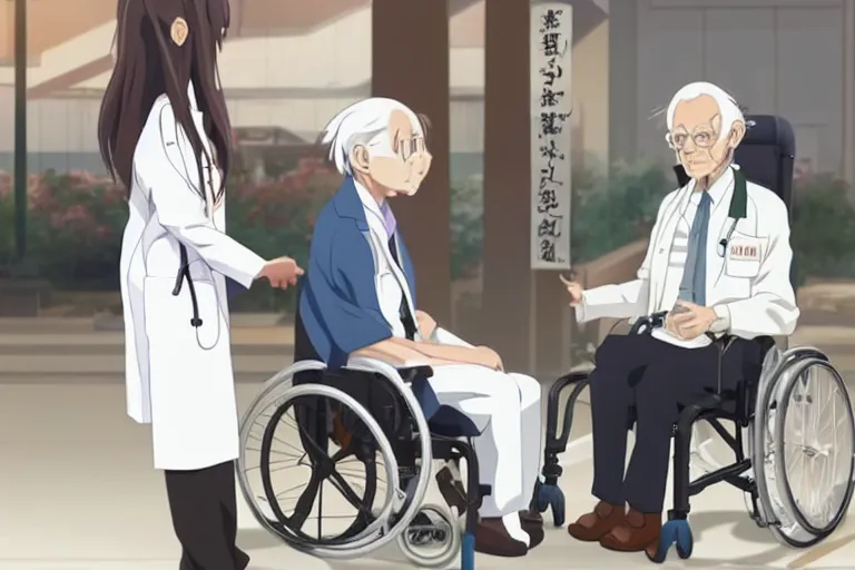 Prompt: a cute young female doctor wearing white coat are serving an old man in a wheelchair in a hospital, slice of life anime, lighting, anime scenery by Makoto shinkai