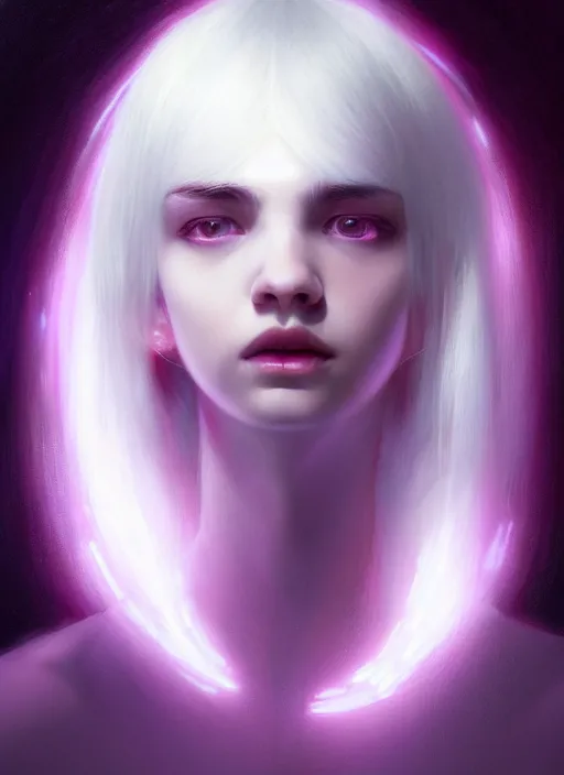 Image similar to hair whitebangs hair, white hair, whitebangsblackhair, portrait of teenage girl with white bangs, blackhair, red irises, purple clothes, intricate, elegant, glowing lights, highly detailed, digital painting, artstation, concept art, sharp focus, illustration, art by wlop, mars ravelo and greg rutkowski