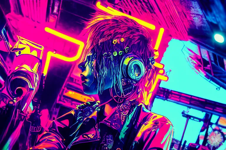 Prompt: pop art of a punk at a japanese metal concert in a cyberpunk world, bright neon colors, intricate details, complementary colors, detailed face, backlighting, octane render, depth of field, extremely detailed, trending in artstation, focus on face, sharp focus, radiant light, beautiful composition