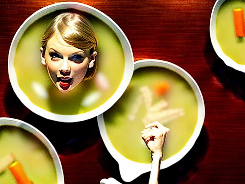 Prompt: taylor swift swimming in a bowl of soup