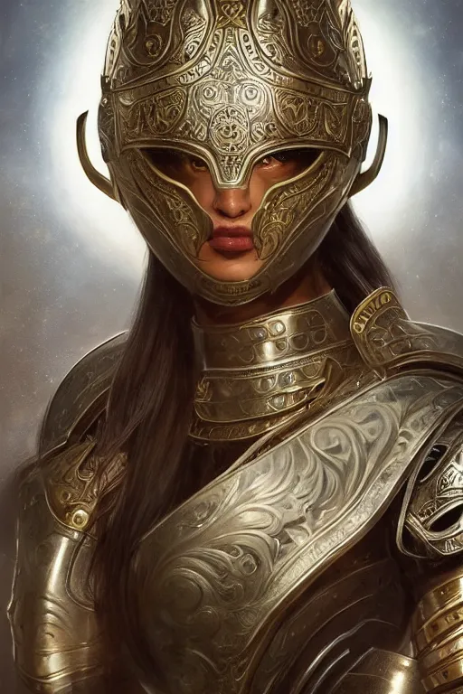 Image similar to a portrait of an attractive young female, ornate metallic helmet, clothed in battle armor, olive skin, long dark hair, beautiful bone structure, symmetrical facial features, intricate, elegant, highly detailed, digital painting, trending on Artstation, concept art, smooth, sharp focus, illustration, art by artgerm and greg rutkowski and alphonse mucha