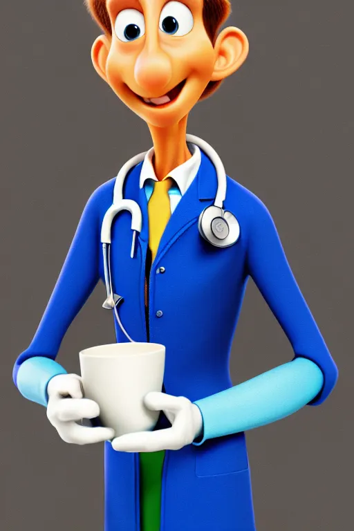 Image similar to portrait of a doctor holding a cup of coffee, hospital in background, full body. pixar disney 4 k 3 d render funny animation movie oscar winning trending on artstation and behance. ratatouille style.