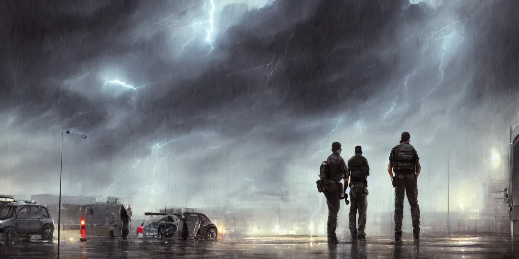 Image similar to private military company operatives standing outside immigration check point with severe weather storms behind, cinematic, realistic, detailed, intricate, digital art, ambient lightning, by jordan grimmer, industrial art style, 3 5 mm film grain, artstation