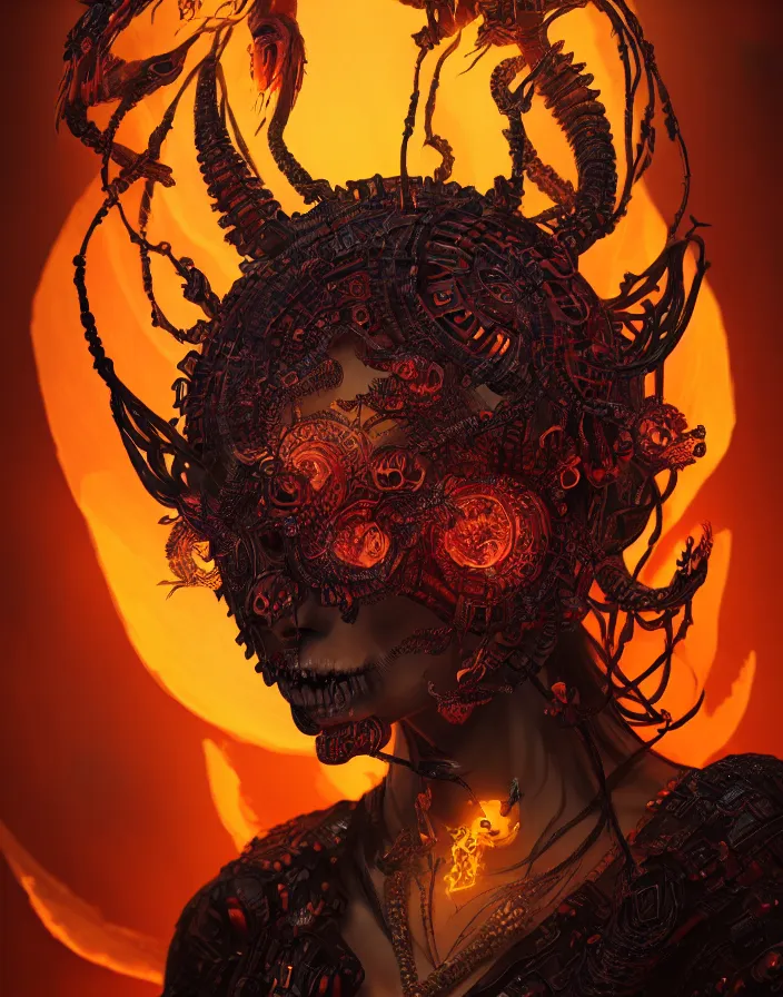 Prompt: demon goddess close-up portrait tribal slavic russian princess skull, ancient high tech, cyberpunk, dystopian, jellyfish phoenix dragon, butterfly squid, burning halo, intricate artwork by Tooth Wu and wlop and beeple, greg rutkowski, very coherent symmetrical artwork, cinematic, hyper realism, high detail, octane render, unreal engine, 8k, Vibrant colors, Smooth gradients, High contrast, depth of field, aperture f1.2