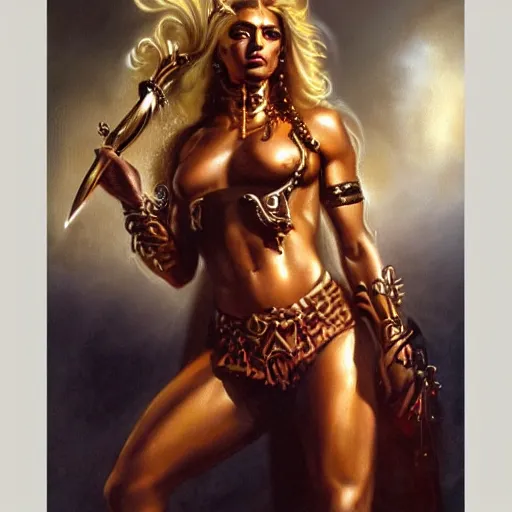 Prompt: detailed oil painting of tall hyper - muscular shining bronze - skinned warrior woman with silver eyes, with large sword, full body, with long wavy flowing black hair and big gold earrings, jewelry, red lipstick, makeup, feminine, volumetric lighting, dynamic composition, art by boris vallejo, scifi, concept art