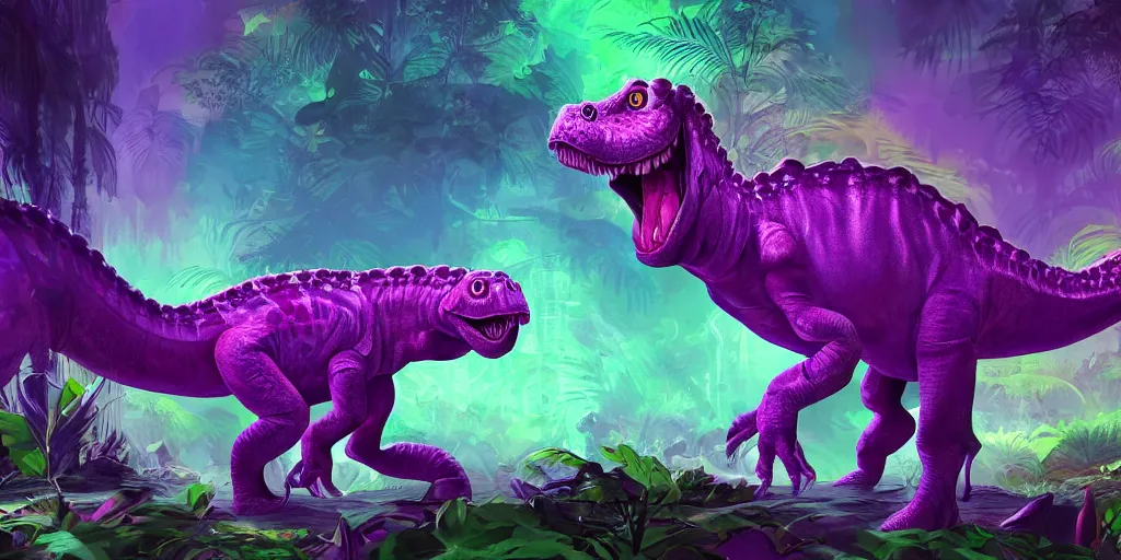 Image similar to spectral purple neon dinosaur, green jungle background, detailed, fantasy, oil painting, ultrawide landscape, concept art