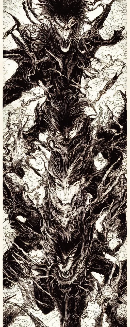 Image similar to wolf man vampire mad, inside a frame on a tiled wall, frontal picture, by yoichi hatakenaka, masamune shirow, josan gonzales and dan mumford, ayami kojima, takato yamamoto, karol bak