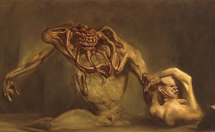 Prompt: a teratoma in the middle of a museum room realizing that he has consciousness his misshapen face expresses horror painted by edward hooper and goya