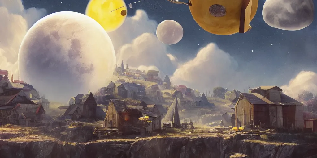 Image similar to cheese planet with cheese moon, visible planets in the sky, hanging cheese, cheese houses, blue cheese waterfalls, living cheese flying though the sky, Greg Rutkowski, 3d scene, trending on Artstation, 8K, ultra wide angle, pincushion lens effect.