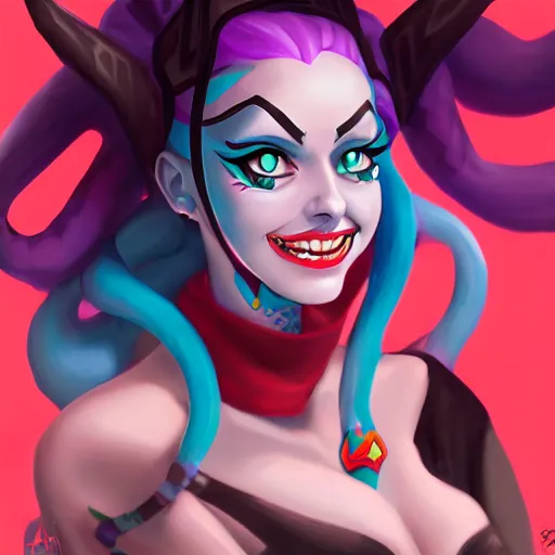 Image similar to Painting of Jinx from the show Arcane, League of Legends, Riot Games, trending on ArtStation, by Alexandre Bourlet