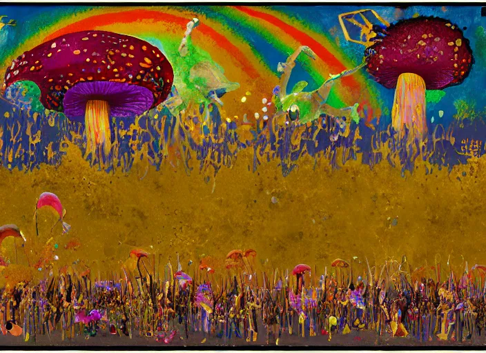 Prompt: expressionistic decollage painting golden armor alien zombie horseman riding on a crystal bone dragon broken rainbow diamond maggot horse in a blossoming meadow full of colorful mushrooms and golden foil toad blobs in a golden sunset, distant forest horizon, painted by Mark Rothko, Helen Frankenthaler, Danny Fox and Hilma af Klint, pixelated, semiabstract, color field painting, byzantine art, voxel art, pop art look, naive, outsider art. Bill Traylor painting, part by Philip Guston and Georg Baselitz art by Adrian Ghenie, 8k, extreme detail, intricate detail, masterpiece