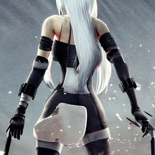 Prompt: a2 from nier automata looking at the ground with despair, full body, incredibly detailed ultra realistic 4k image, trending on artstation