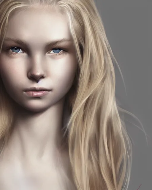 Image similar to portrait of 1 6 - year - old woman with dirty blonde hair down to her waist, pale eyebrows and protuberant silver eyes, wearing white shirt, hyper realistic face, beautiful eyes, character art, art by mark brooks, hyperdetailed, cryengine, trending on artstation, digital art