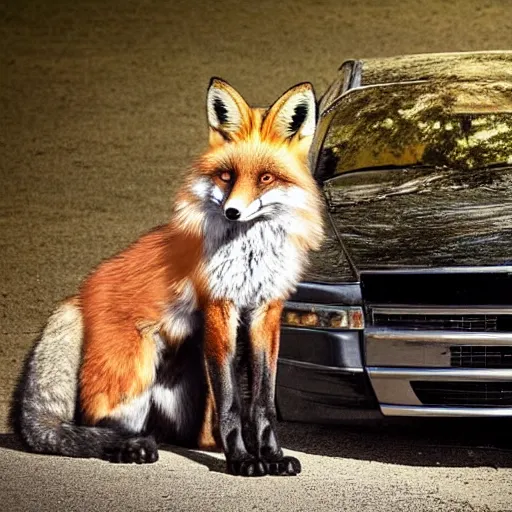 Image similar to fox animal stood next to a limousine, award winning photograph