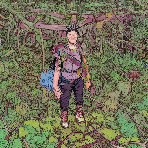 Image similar to hyper detailed comic illustration of a young male explorer wearing a cyberpunk headpiece sitting by a ruin in a dense and lush forest, by Josan Gonzalez and Geof Darrow, aerial view, highly detailed, 8k wallpaper