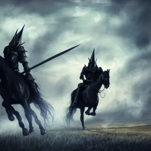 Image similar to Witch-king of Angmar holding sword on black horse horse rearing up dark moody lighting wallpaper painting