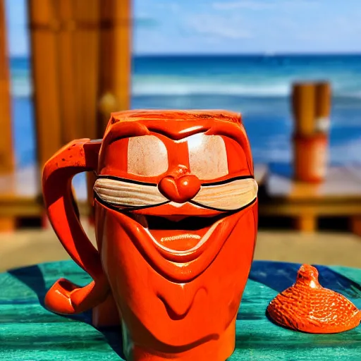 Image similar to a closeup photorealistic photograph of a glossy orange cat garfield style tiki mug sitting at a trader vic's beach bar featuring garfield's face. tiki theme. bright scene. fine detail. this 4 k hd image is trending on artstation, featured on behance, well - rendered, extra crisp, features intricate detail, epic composition and the style of unreal engine.