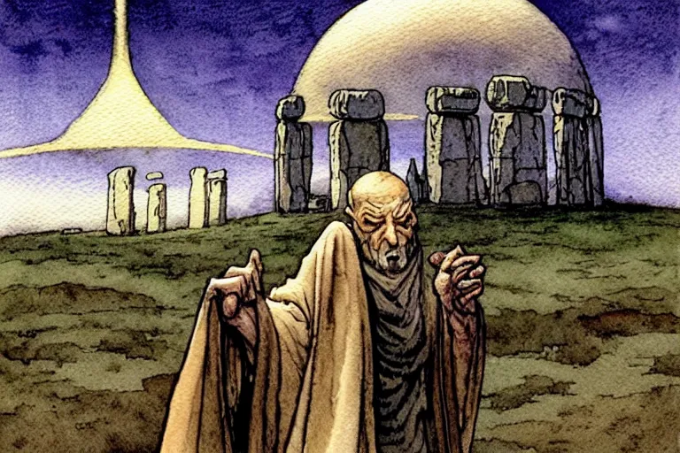 Prompt: a realistic and atmospheric watercolour fantasy concept art of one dirty medieval monk in grey robes pointing up at a ufo in the sky above stonehenge. muted colors. by rebecca guay, michael kaluta, charles vess and jean moebius giraud