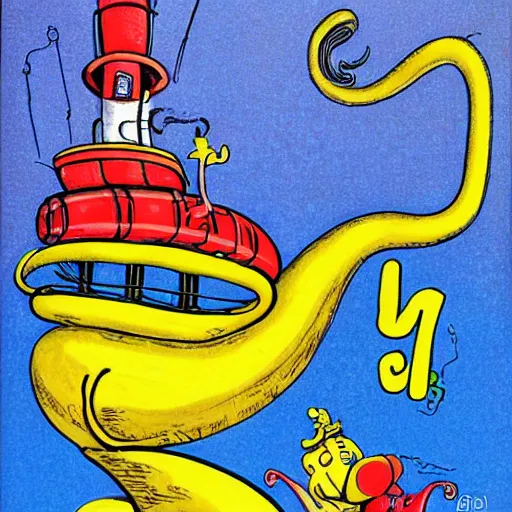 Prompt: A giant squid holding a yellow submarine, artist is Dr Seuss, vivid colors, kinetic, action shot,