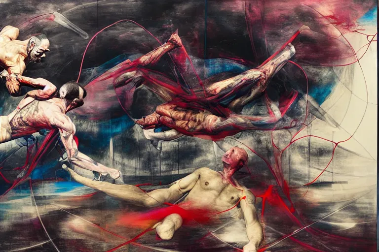 Image similar to two muscular men entwined, floating in space, zero gravity, inside a brutalist space ship, gothic, rich deep colours, painted by francis bacon, adrian ghenie, james jean and petra cortright, part by gerhard richter, part by takato yamamoto. 8 k masterpiece