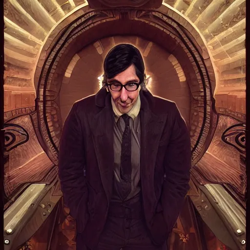 Image similar to photo booth, john oliver with adam driver, john oliver, adam driver, john oliver, stylized, centered, dark, smokey, fantasy, intricate, highly detailed, digital painting, deviant art, art by artgerm, art by greg rutkowski, art by alphonse mucha