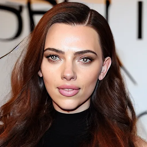 Image similar to a woman who is a genetic combination of kim kardashian and kat dennings and scarlett johansson and margot robbie and emma watson, face and upper - body focus, detailed eyes