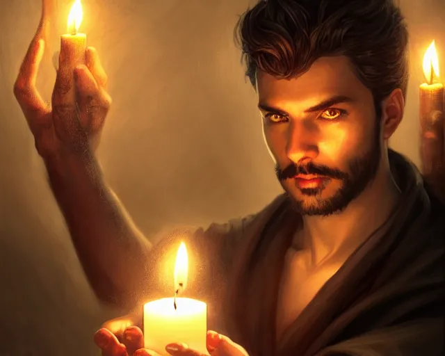 Prompt: a mind - blowing portrait of a fortune seeker male, holding a candle holder, wearing dark maritime clothing, intelligent, deep focus, d & d, fantasy, intricate, elegant, highly detailed, digital painting, artstation, concept art, matte, sharp, illustration, hearthstone, art by artgerm and greg rutkowski and alphonse mucha