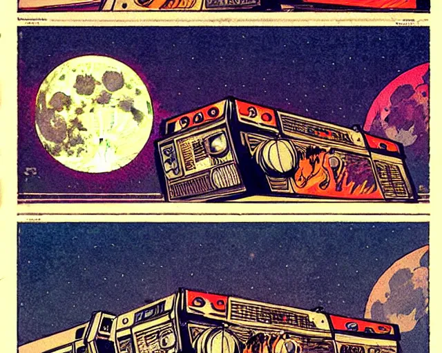 Image similar to three panels from a 1 9 3 0's comic book showing a big fat boombox, in front of a big moon, illustration, wide shot, muted colors, post grunge, concept art by josan gonzales and wlop, david rubin, mike mignola, laurie greasley, highly detailed, sharp focus, trending on artstation, hq, deviantart, art by artgem