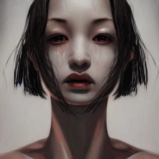 Image similar to Kiko Mizuhara unsettling scary terrifying, physically accurate, very dramatic dynamic lighting, intricate, very very elegant, highly detailed, digital painting, artstation, very hyperrealistic, very very very HR GIGER, very Bensinski, Hieronymus Bosch, Francis Bacon, concept art, smooth, sharp focus, illustration, art by artgerm and greg rutkowski and alphonse mucha