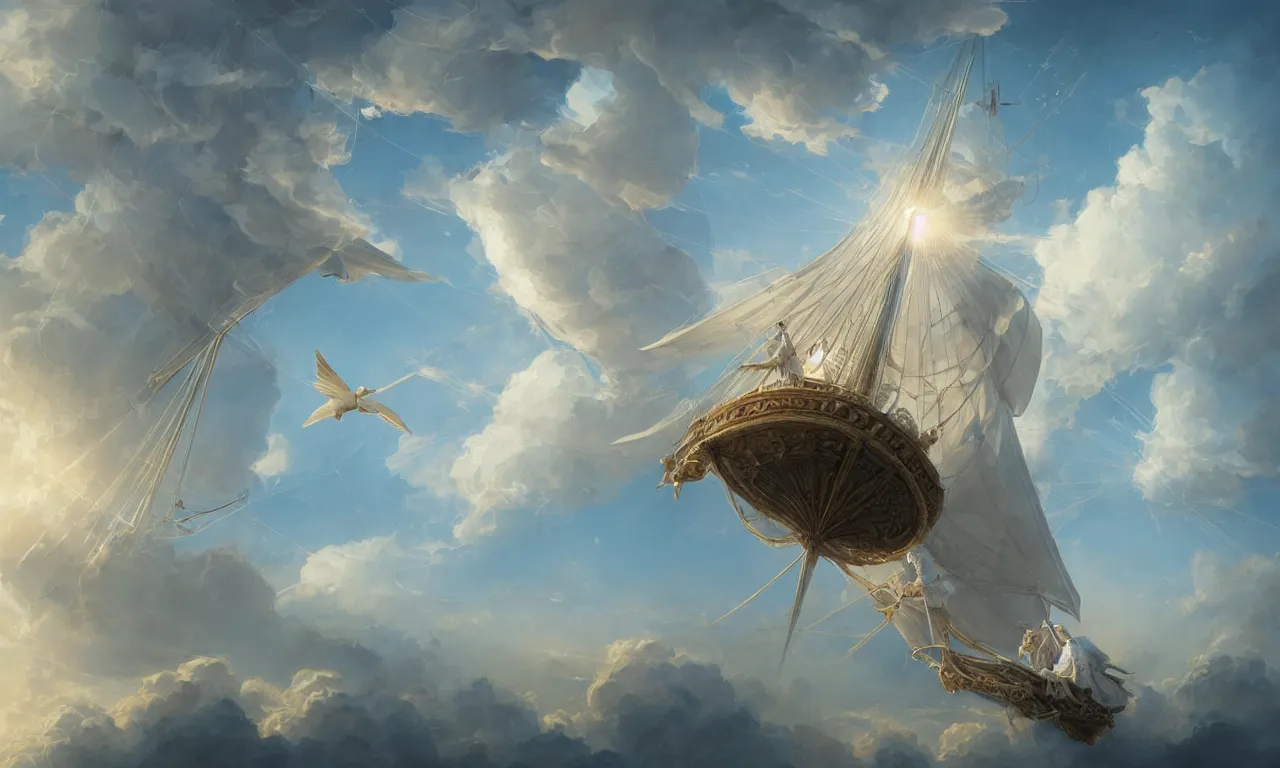 Image similar to a beautiful digital painting of a white caravel in the clouds, birds flying in the sunlight, numerous intricated sails, blue sky at sunset, elegant, highly detailed, artstation, concept art, matte, sharp focus, art by tom bagshaw, kelogsloops and greg rutkowski