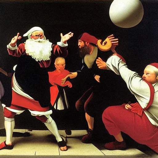 Prompt: Father Christmas throwing a dodgeball Painted by Caravaggio