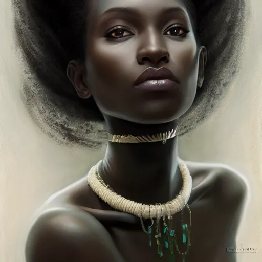 Image similar to a detailed matte oil on canvas head on symmetrical portrait of black skinned woman with long white and ( ( ( pale greenish ) ) ) hair, clothed by charlie bowater, lise deharme, wlop, trending on artstationhd, dungeons and dragons art critical role