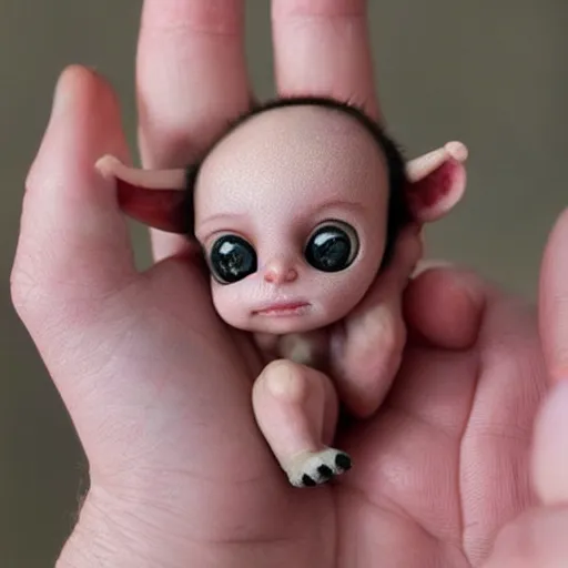 Prompt: a tiny baby demon in the palm of a person's hand, super cute