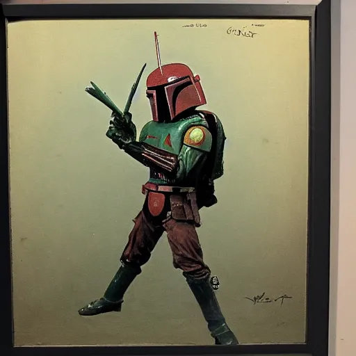 Image similar to Boba Fett in an action pose. Painted by Goya.