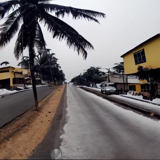 Prompt: winter and snow cloudy street of ghana down down accra osu stunning panoramic magazine photo coconut palm