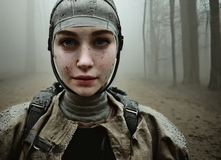 Image similar to cinestill 5 0 d photographic portrait by helen levitt of a group of cute android women wearing rugged black mesh techwear in a foggy cement grove, extreme closeup, modern cyberpunk, dust storm, 8 k, hd, high resolution, 3 5 mm, f / 3 2, ultra realistic faces, intricate detail, ex machina