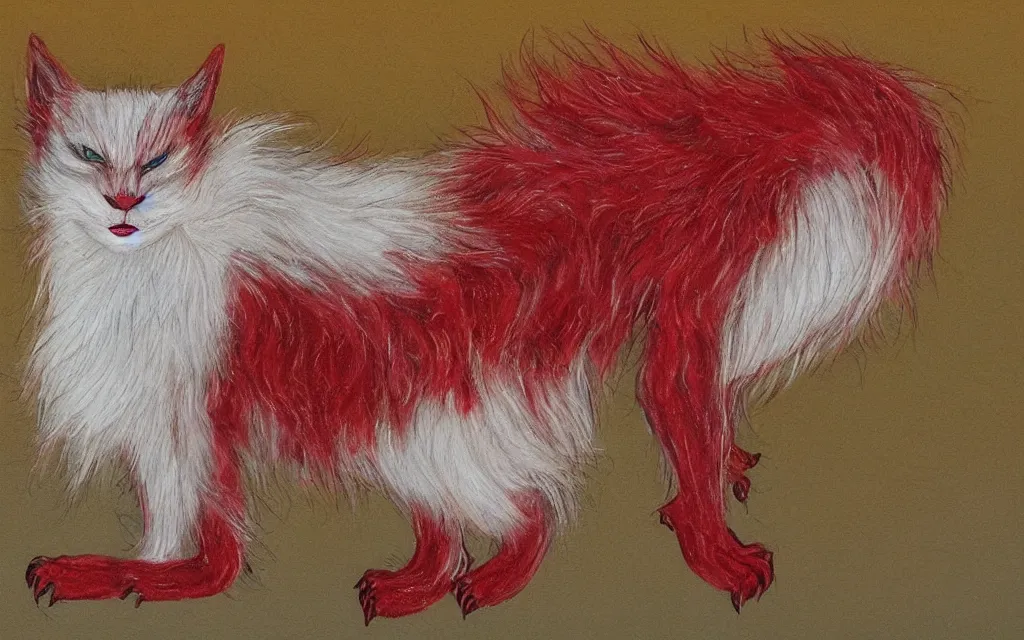 Image similar to mysterious creature with white fur and red streaks, long limbs, with intricate golden paws and glowing eyes by naomi chen