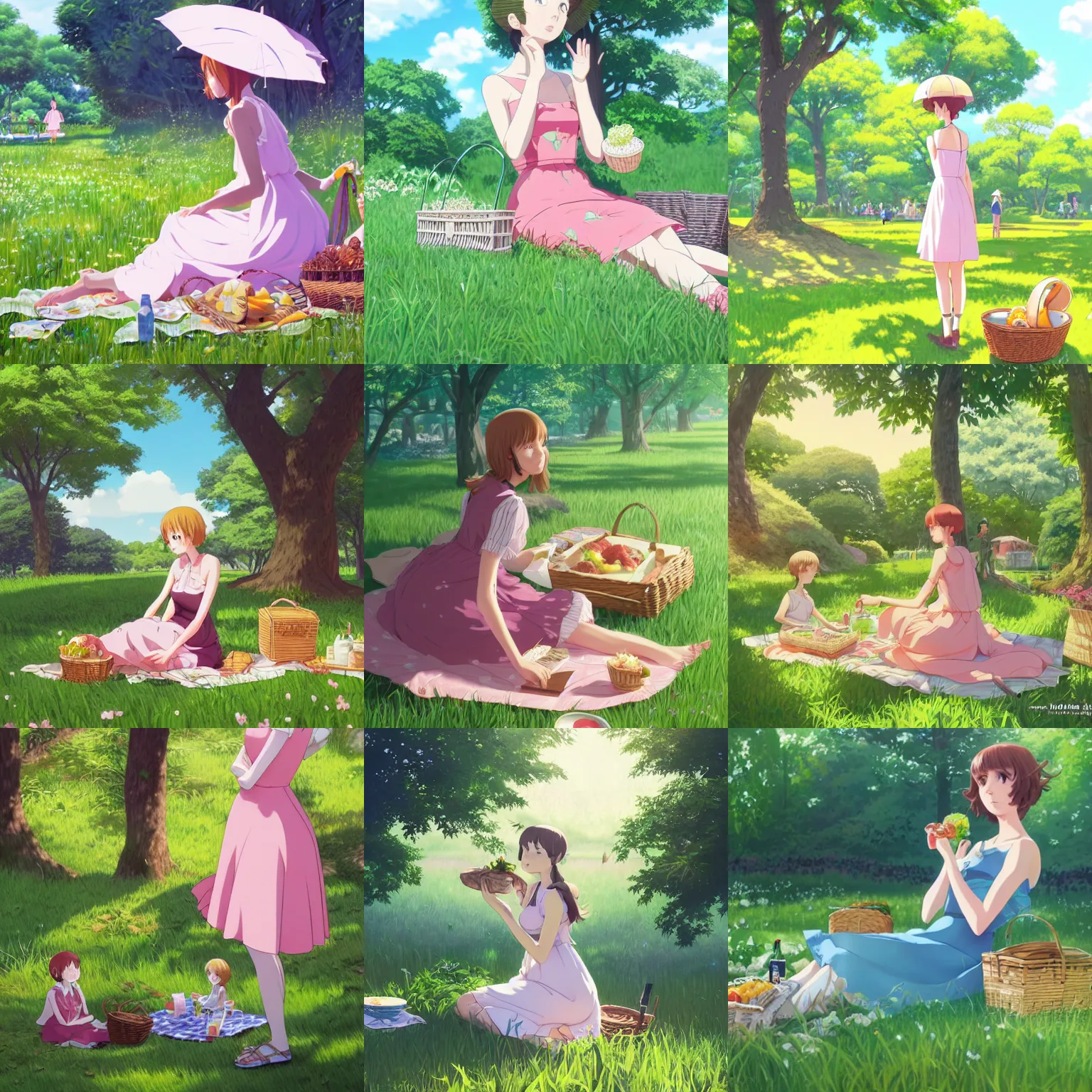 Prompt: Portrait of a woman wearing a sundress having a picnic in a lush park, highly detailed, artstation, concept art, official Kyoto Animation and Studio Ghibli anime screenshot, by Ilya Kuvshinov and Range Murata